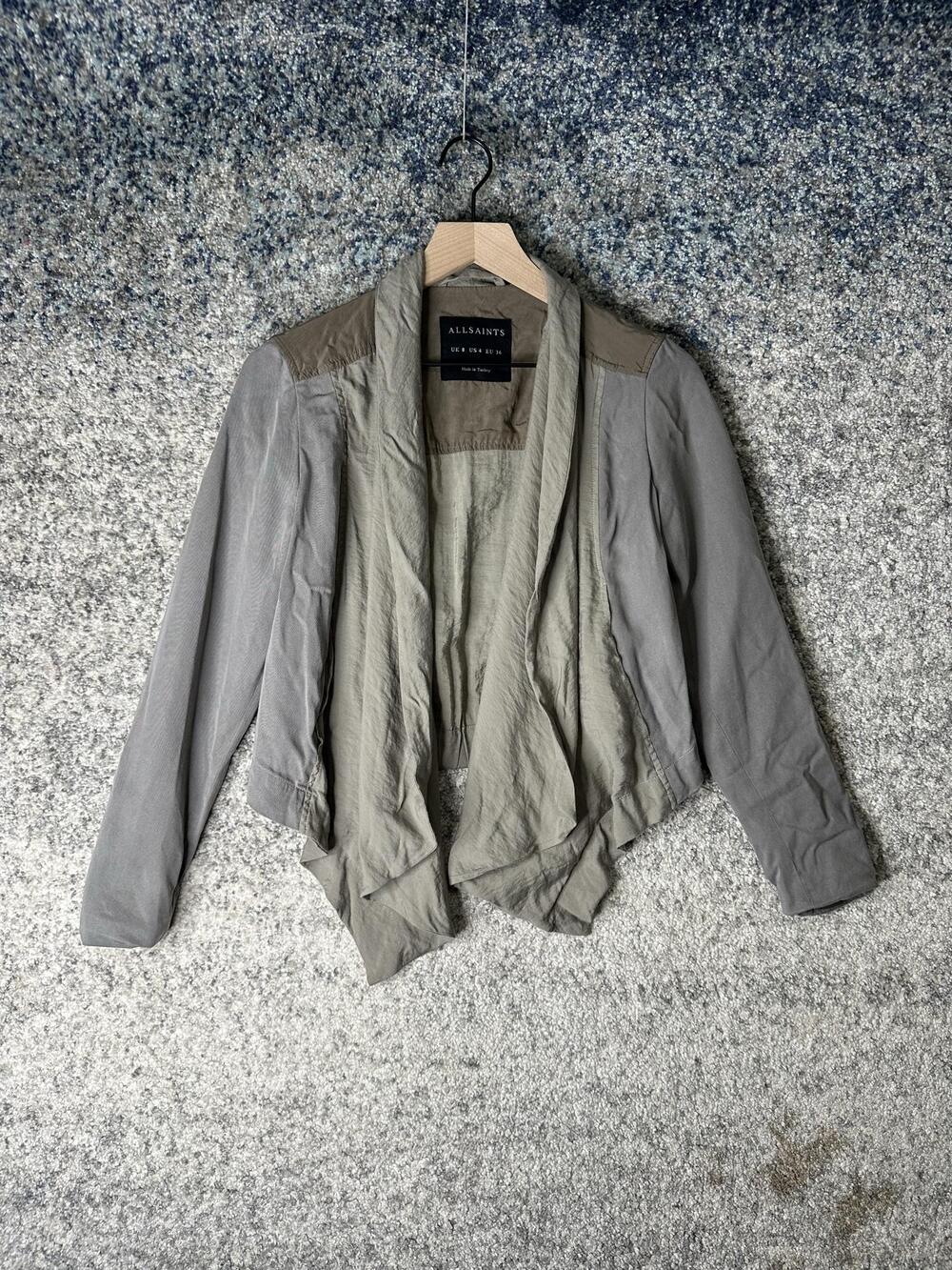 AllSaints Jacket Womens 4 Gray Kwar Lyocell Draped Open Front Twill Lightweight